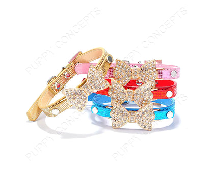 Bowtie Rhinestone Pet Leather Collar Gold