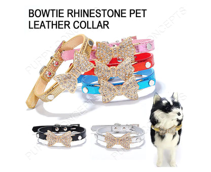 Bowtie Rhinestone Pet Leather Collar Gold