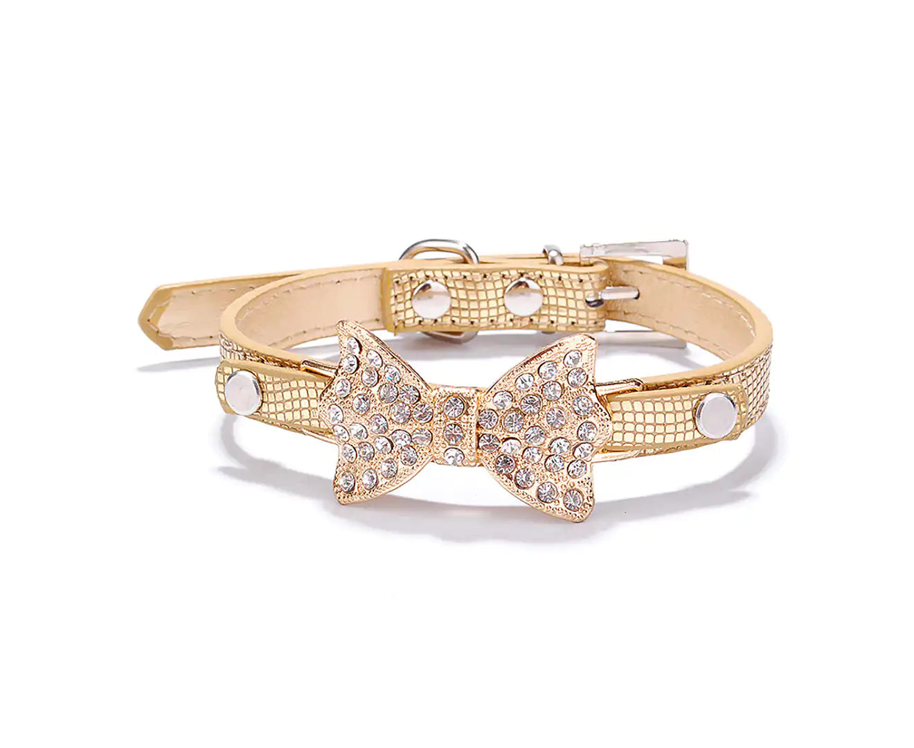 Bowtie Rhinestone Pet Leather Collar Gold